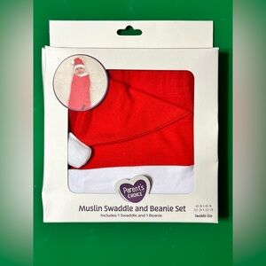 Muslin Christmas Red Swaddle Blanket and Santa Hat Beanie NIB